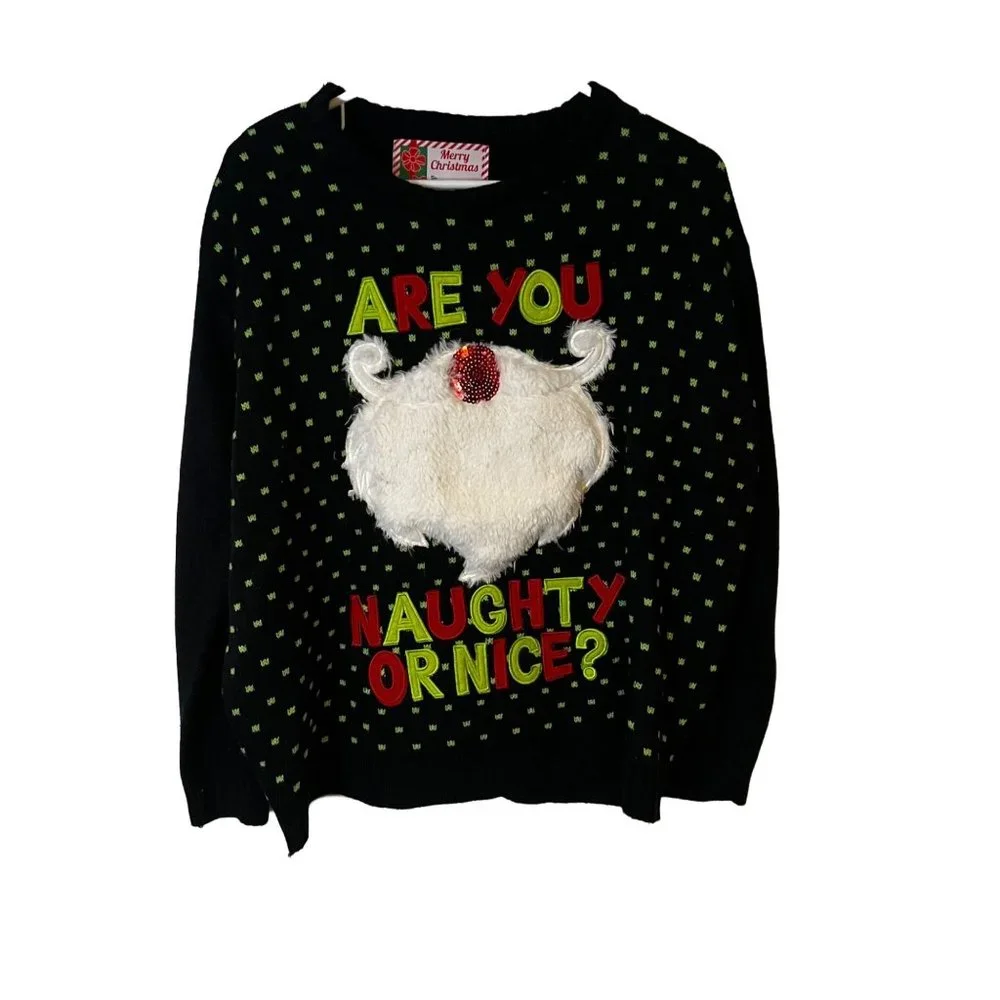 Merry Christmas Ugly Sweater Are You Naughty Or Nice Black 3D Fur Santa Beard - Picture 1 of 9